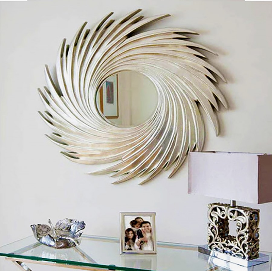 Зеркало-солнце в раме Свирл серебро