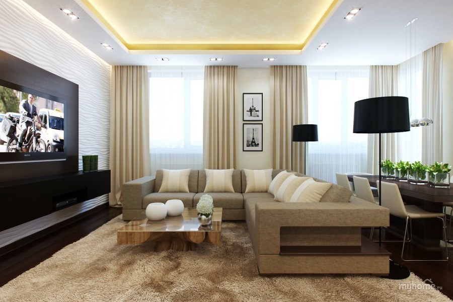 Гостиная в современном стиле в трехкомнатной