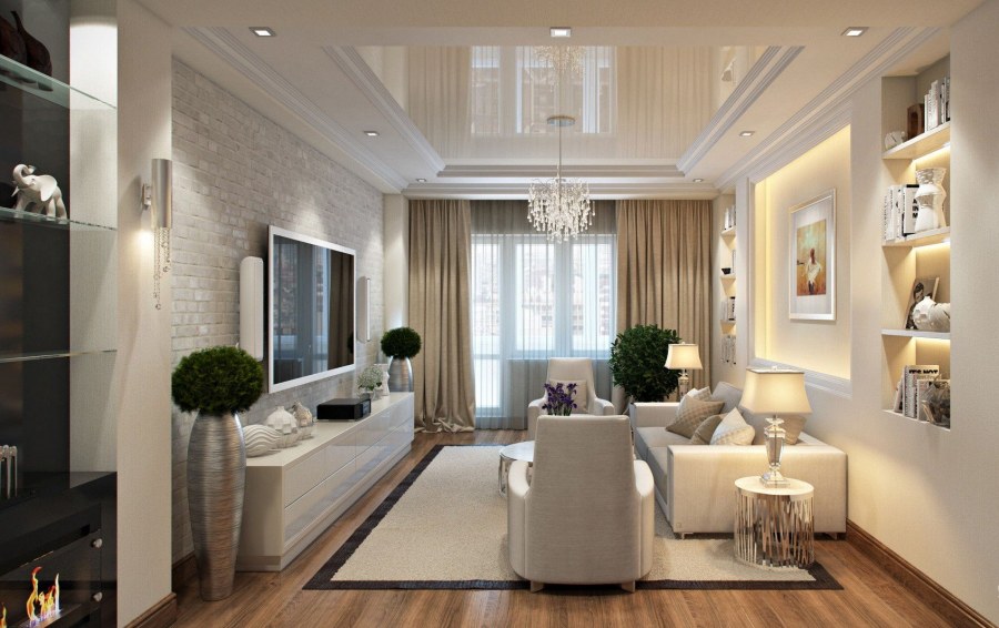 Узкая гостиная в современном стиле