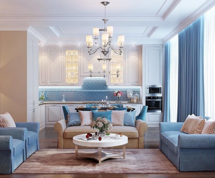 Серо голубая кухня гостиная Неоклассика
