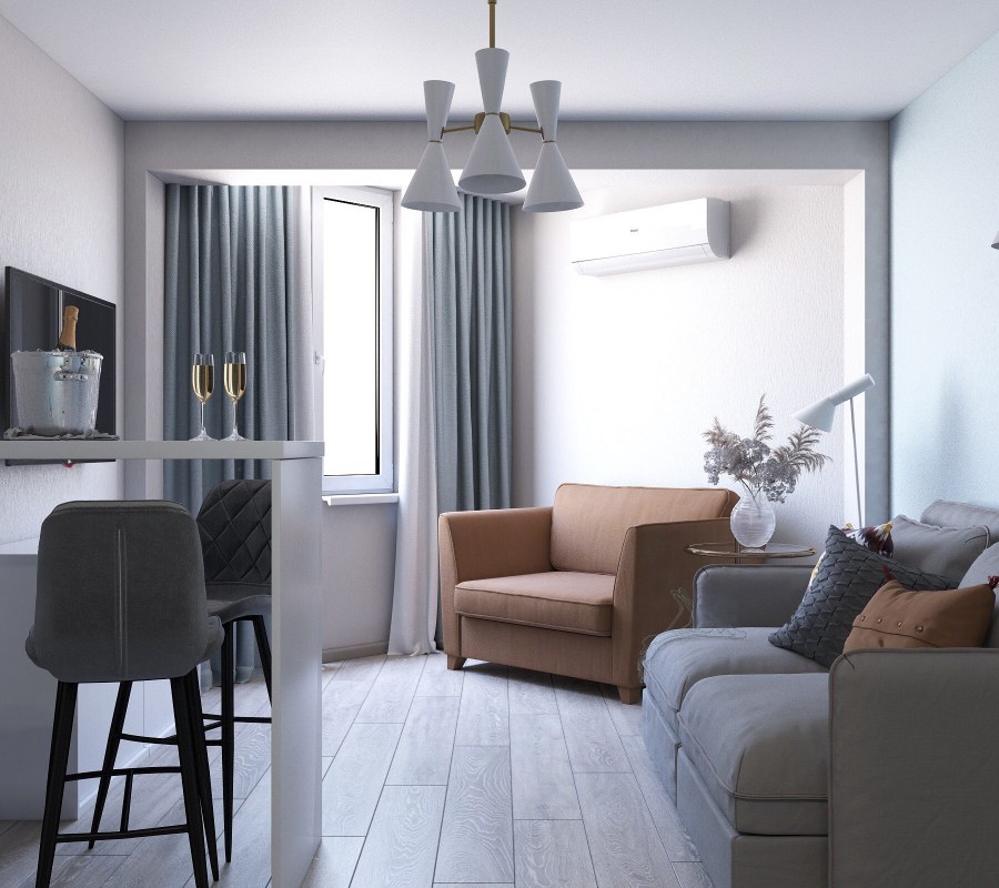 Гостиная в студии маленьких размеров