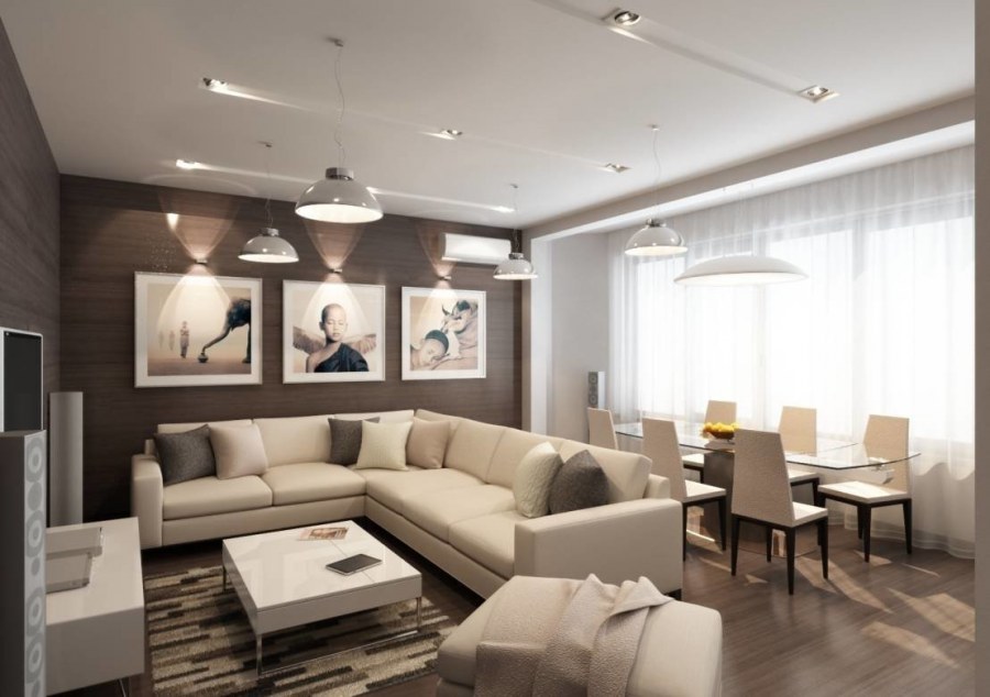 Кухня-гостиная в коричнево-бежевых тонах