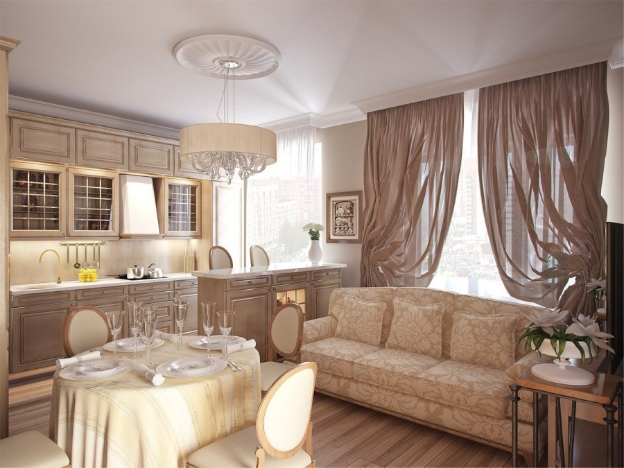 Кухня совмещенная с гостиной в классическом стиле