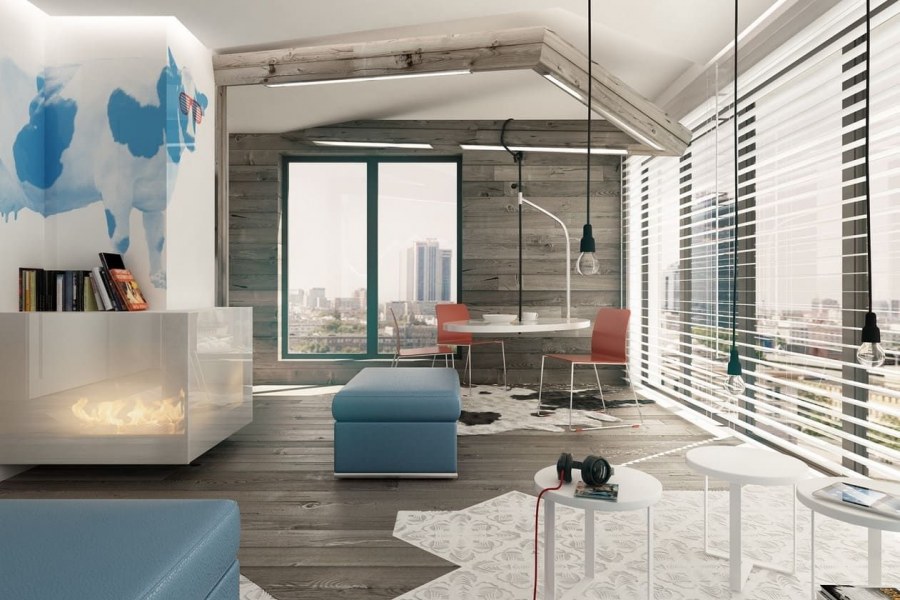 Сочетание голубого, белого и дерева в интерьере