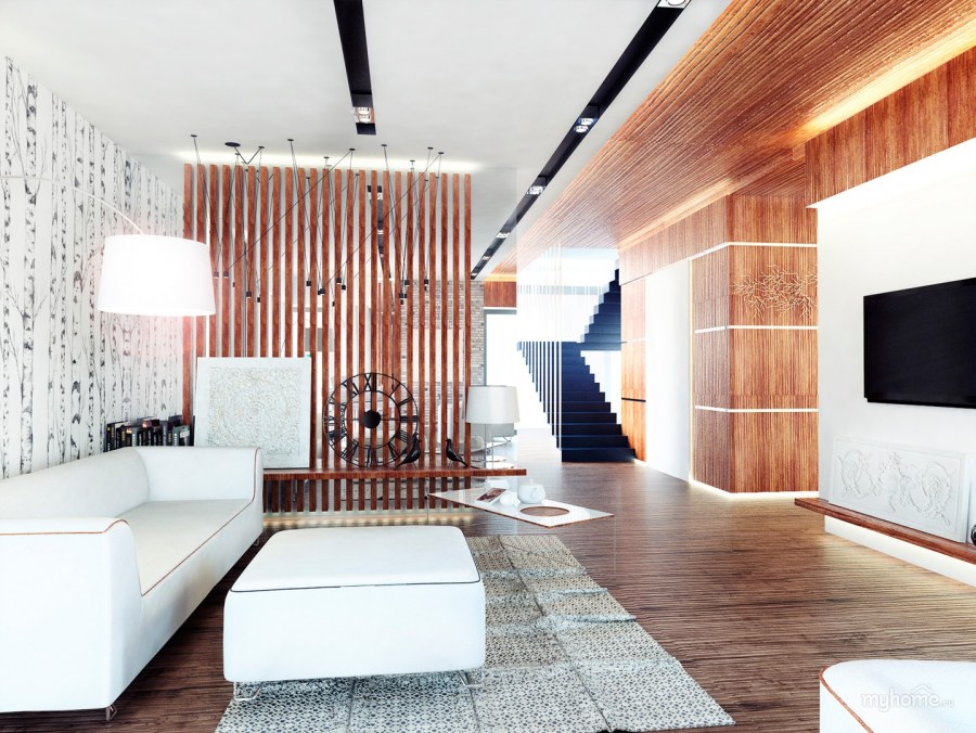 Гостиная в современном стиле с рейками