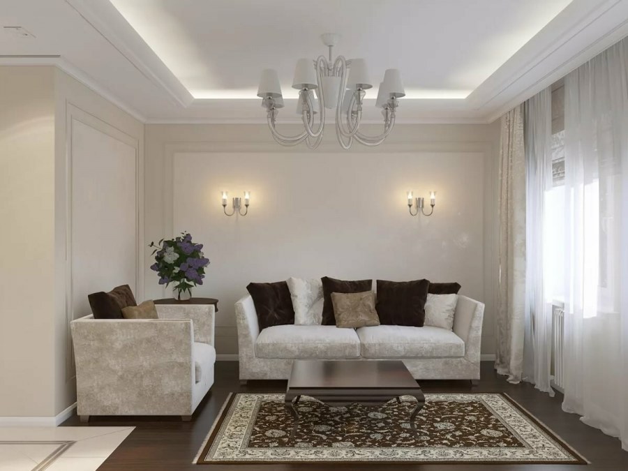 Молдинги в интерьере гостиной за диваном