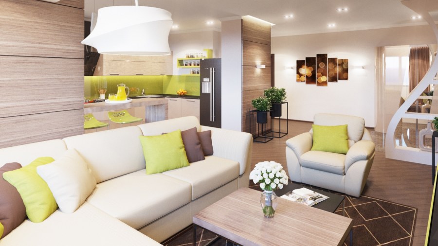 Модный интерьер кухни гостиной