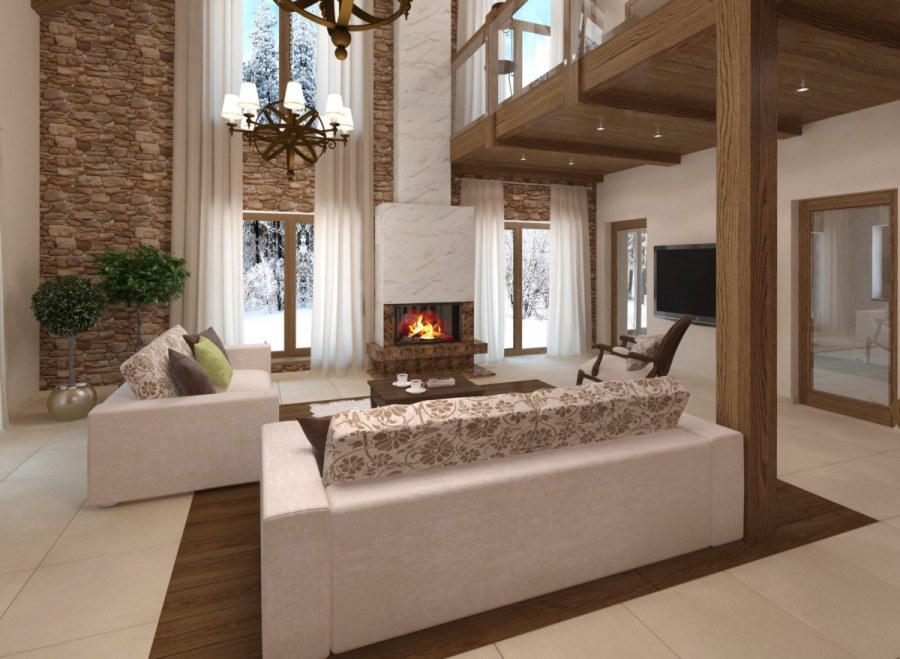 Камин в гостиной со вторым светом