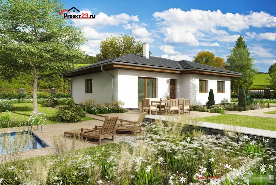 Одноэтажный дом бунгало с террасой