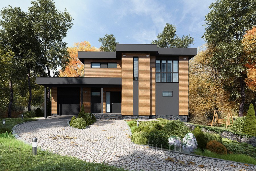 Двухэтажный дом с плоской крышей и навесом