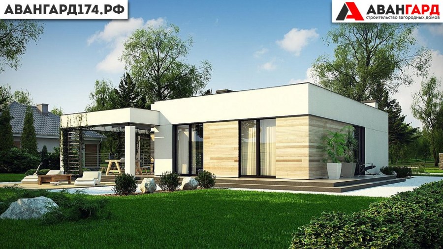 Дом с плоской крышей и панорамными окнами одноэтажный