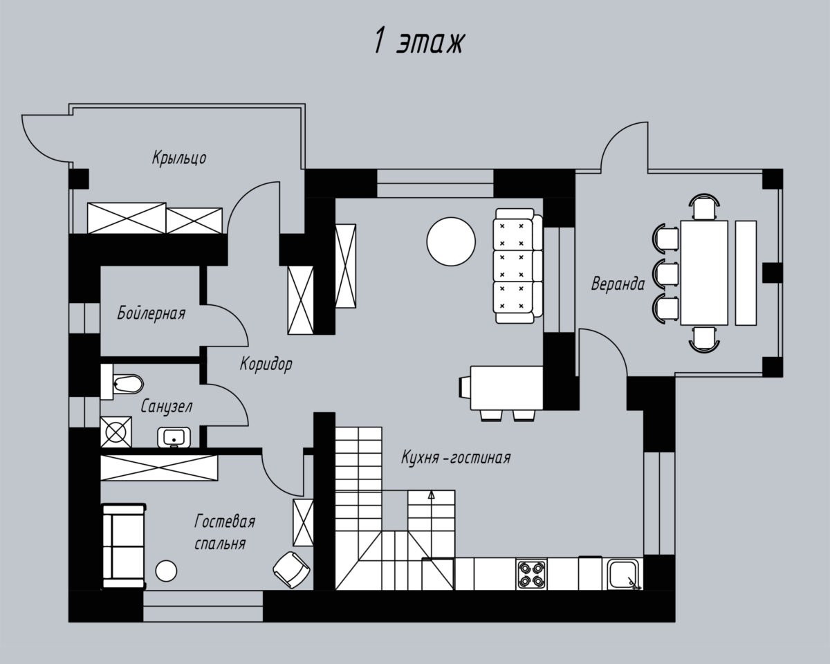 Планировка 1 этажного дома с кухней гостиной и санузел