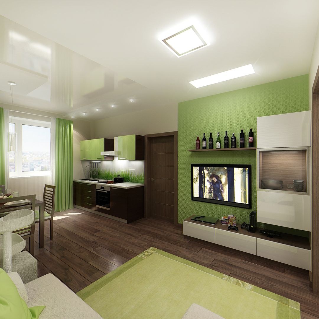 Купить однокомнатную квартиру в зеленом. Кухня гостиная. Зеленая гостиная. Кухня гостиная зонирование. Кухня гостиная в зеленых тонах.