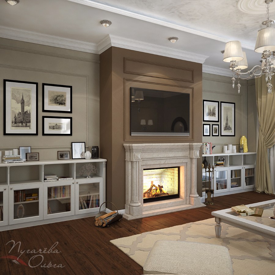 Гостиная с камином в современном классическом стиле