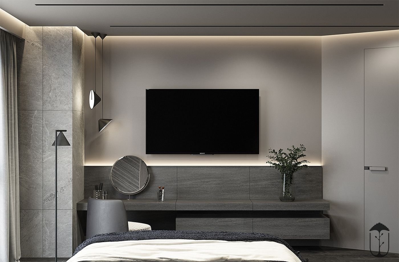 Современная стена с телевизором. Телевизор в спальне на стене. Интерьер спальни с телевизором. Телевизор в интерьере Минимализм. Интерьер спальни с телевизором на стене.