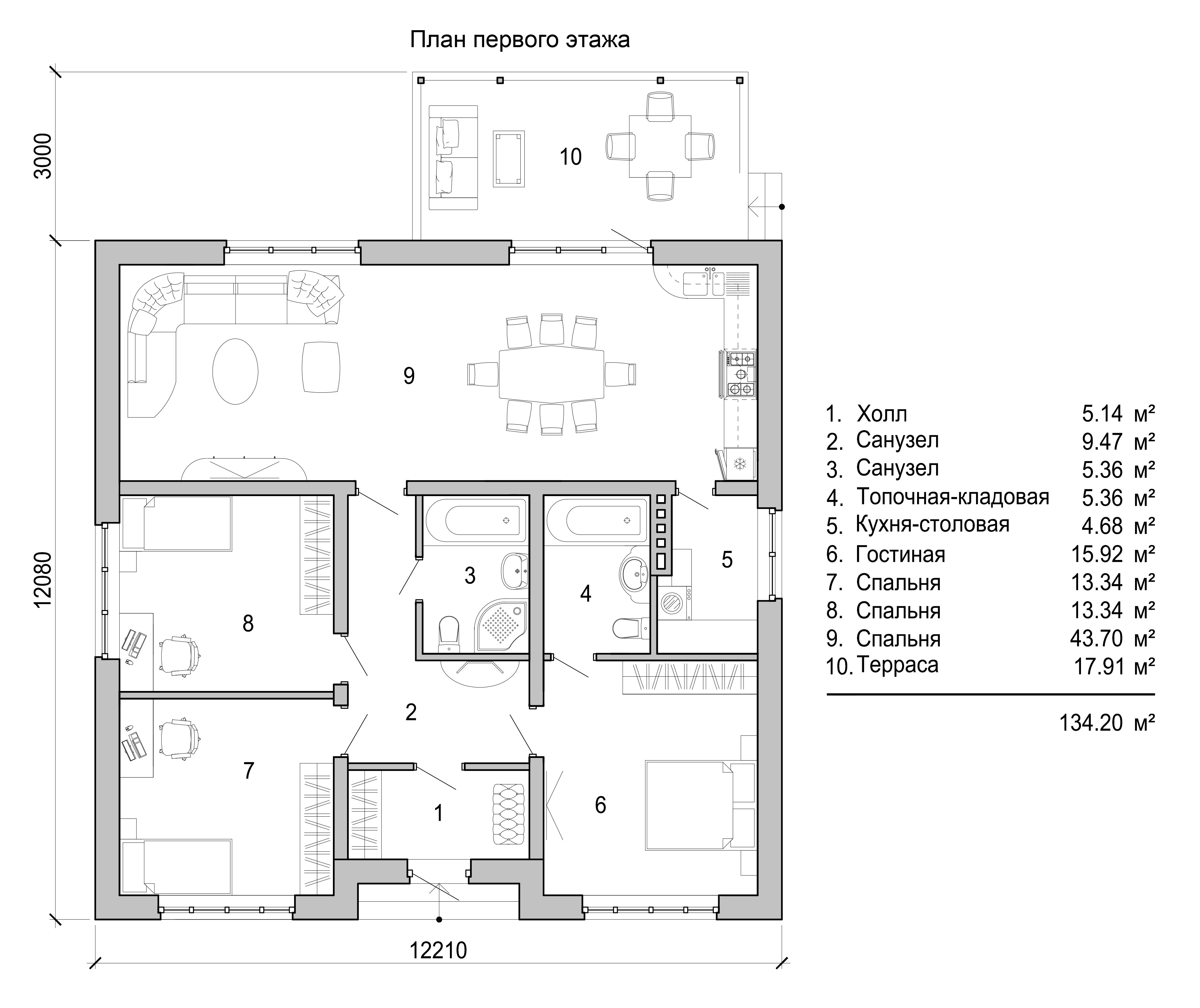 Проект одноэтажного дома с 3 спальнями и 2 санузлами
