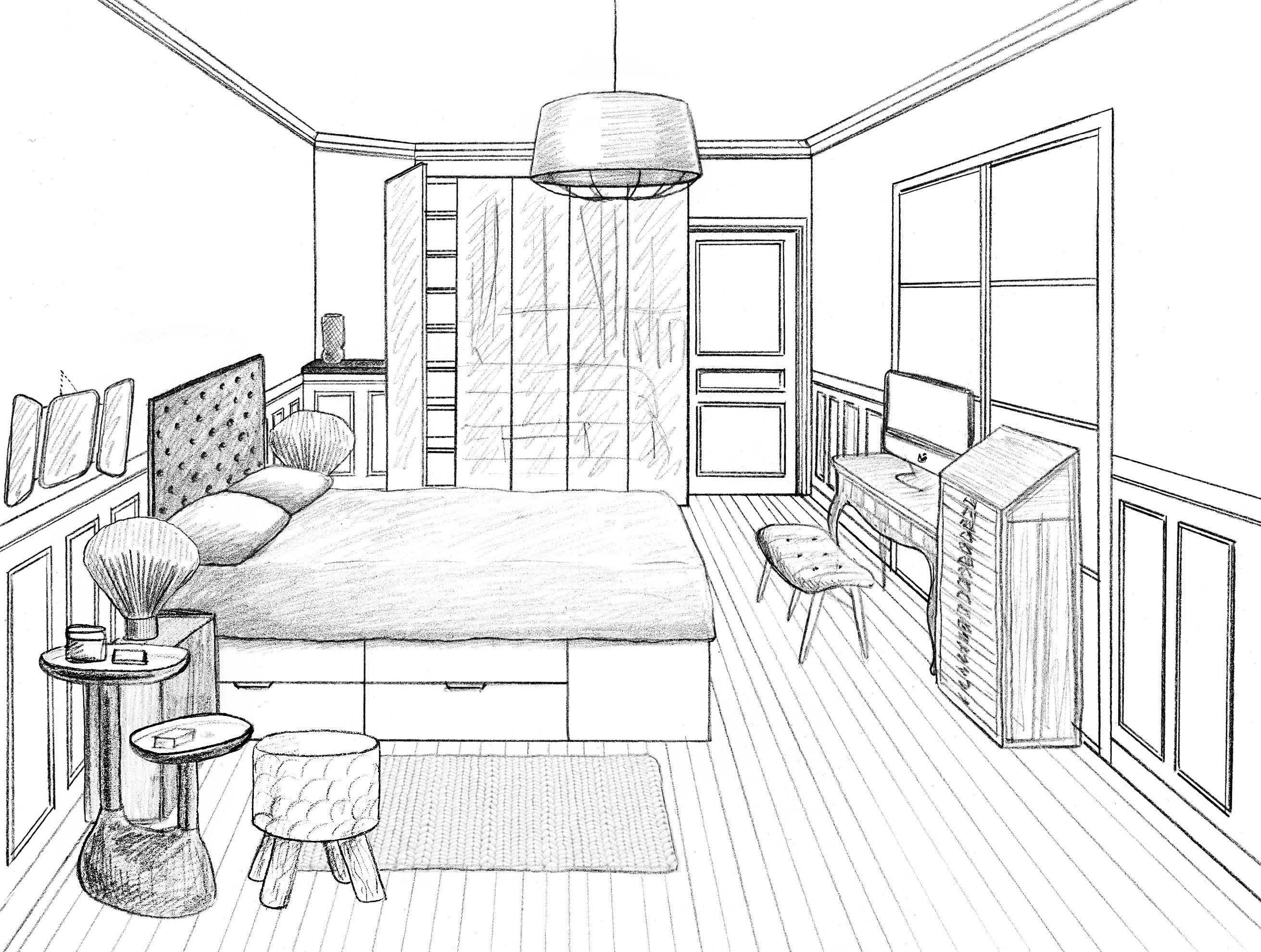 Рисунки детской комнаты карандашом с мебелью и текстилем