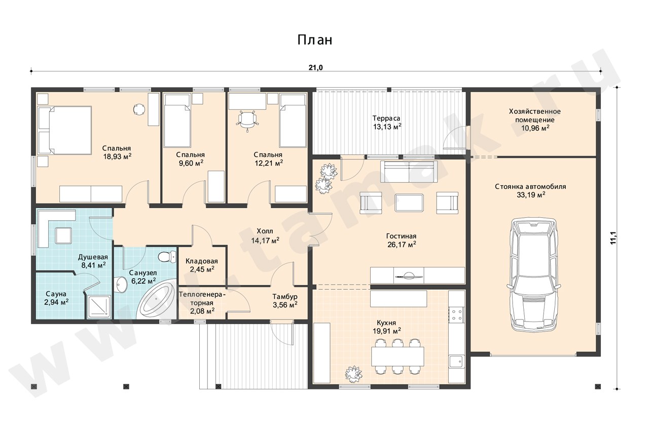 Планировка одноэтажного дома 4 спальни сауна гараж