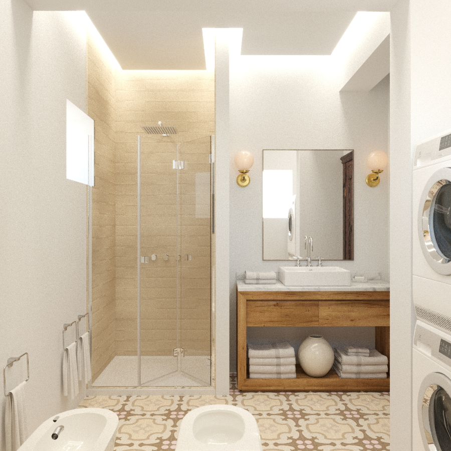 Совмещённый санузел с душевой кабиной и стиральной машиной
