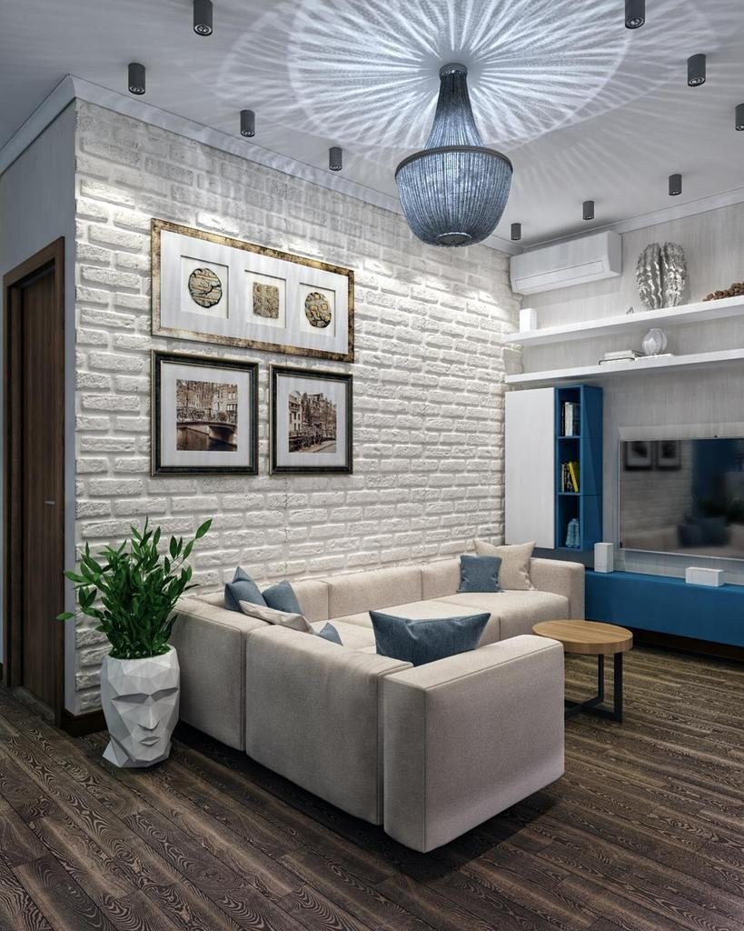 Гостиная с белым кирпичом