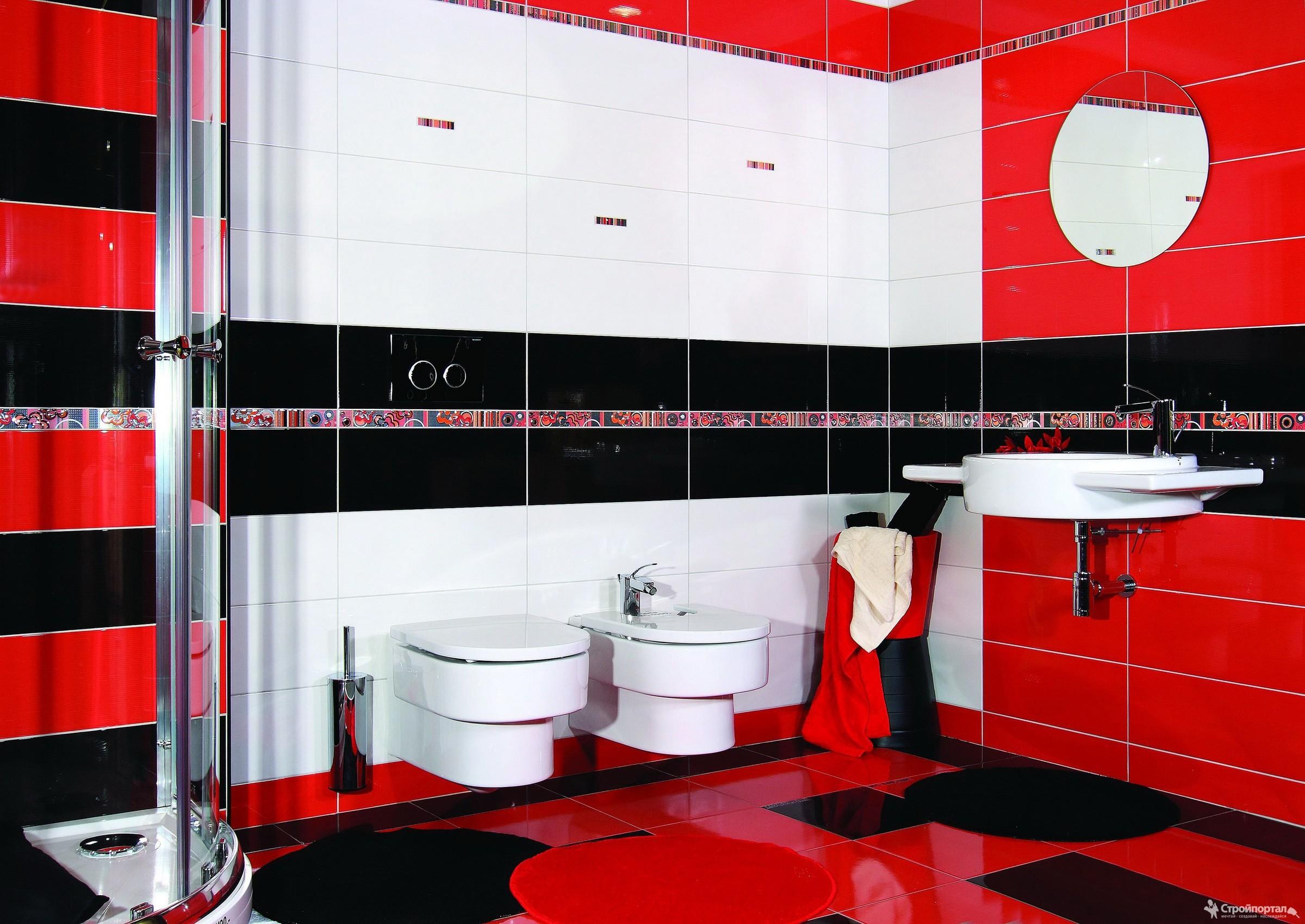 Красная плитка в ванной plitka vanny ru. Красно белая ванная комната. Красно черная ванная. Черно красная плитка в ванной. Черно красная ванная комната.