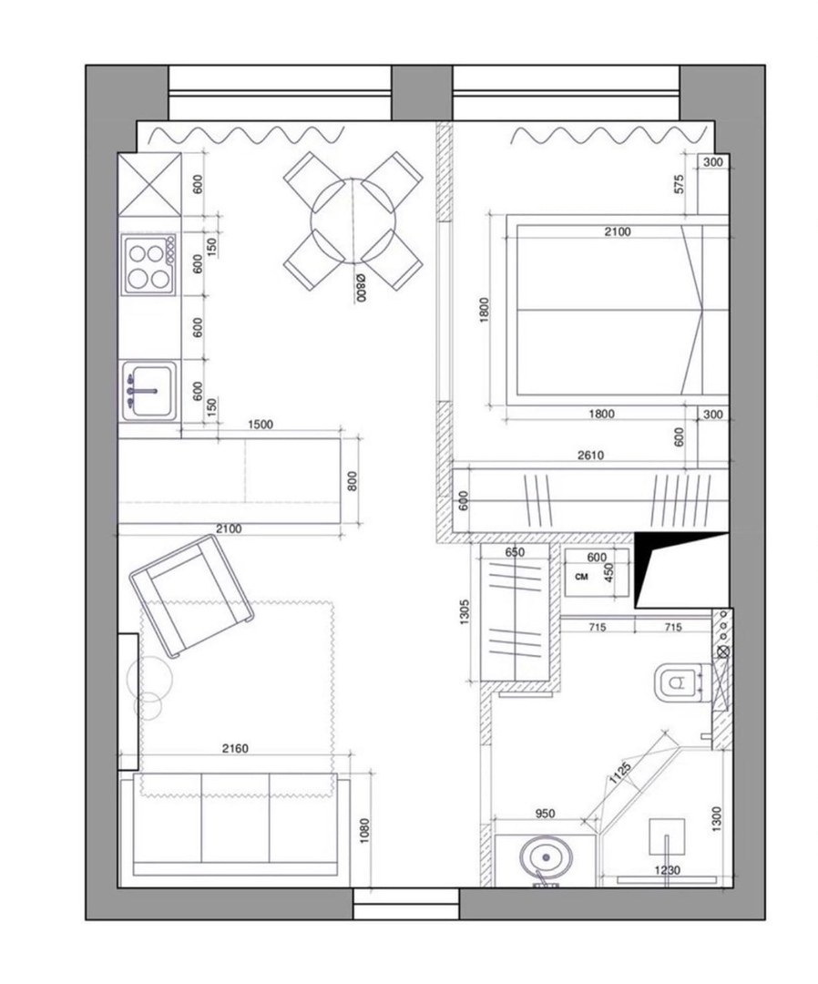 План студии 30 кв.м с расстановкой мебели