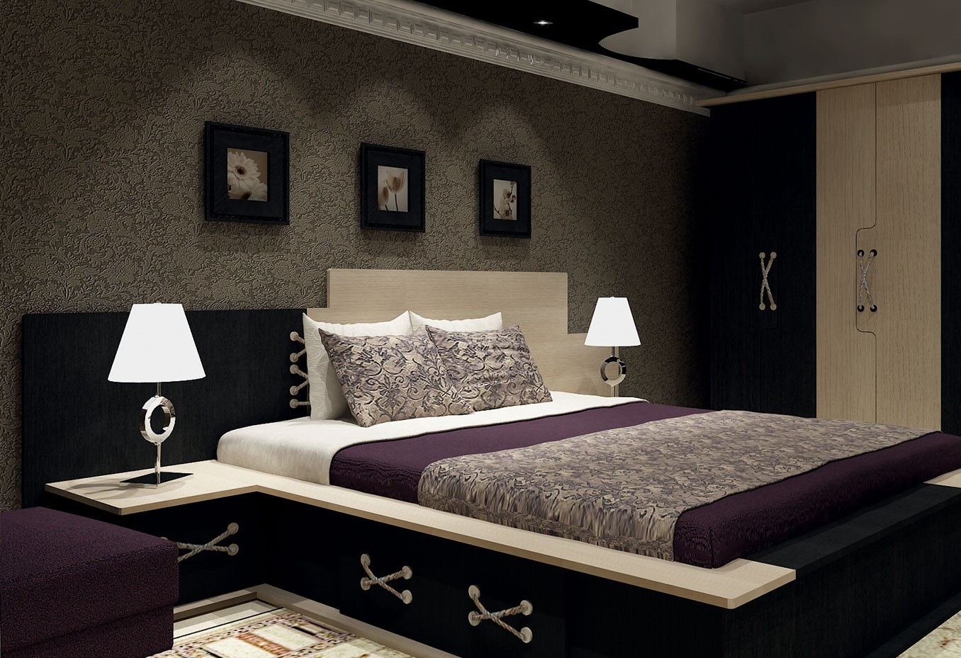 Спальня с темными обоями и светлой мебелью фото