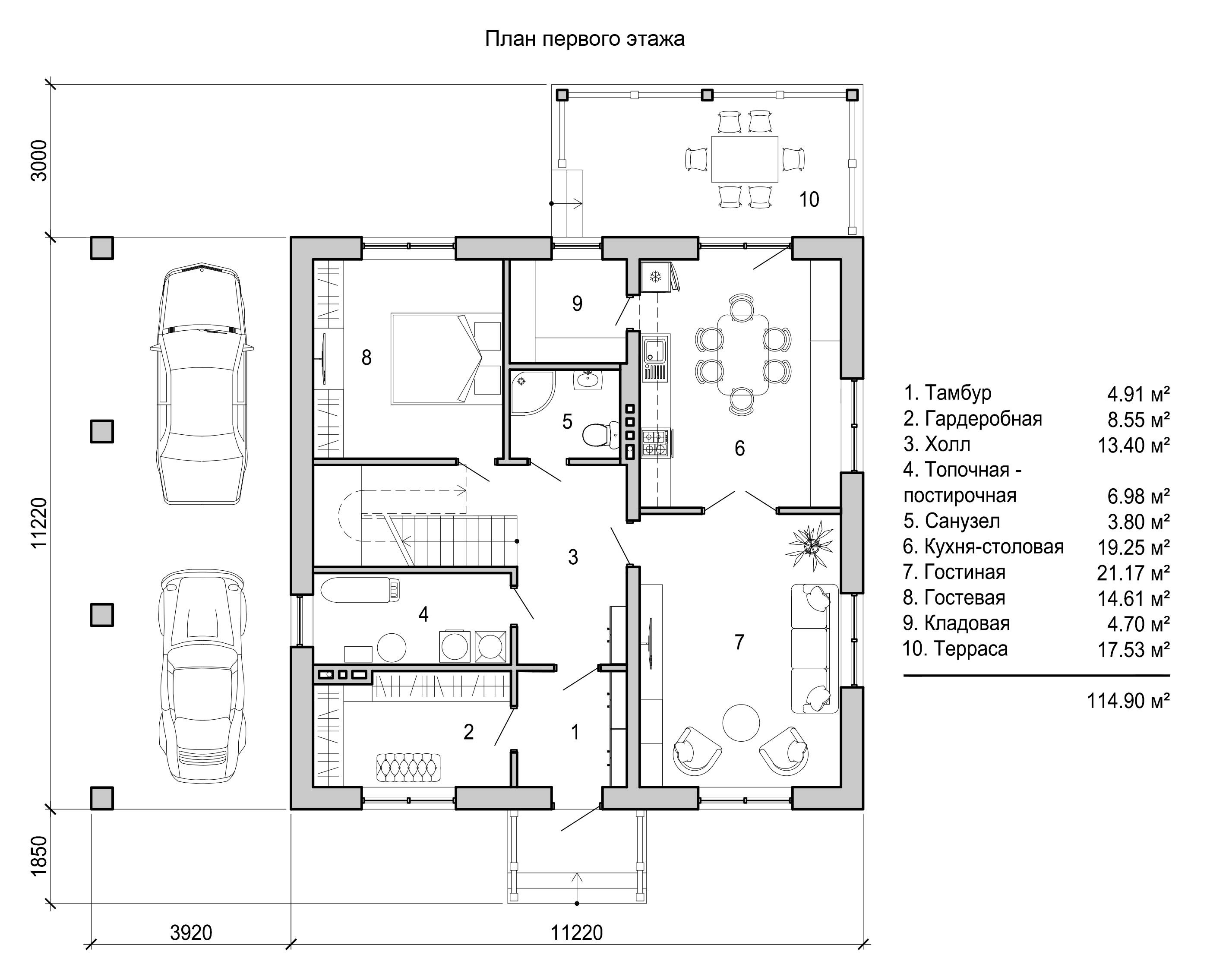Планировка двухэтажного дома с гаражом и террасой