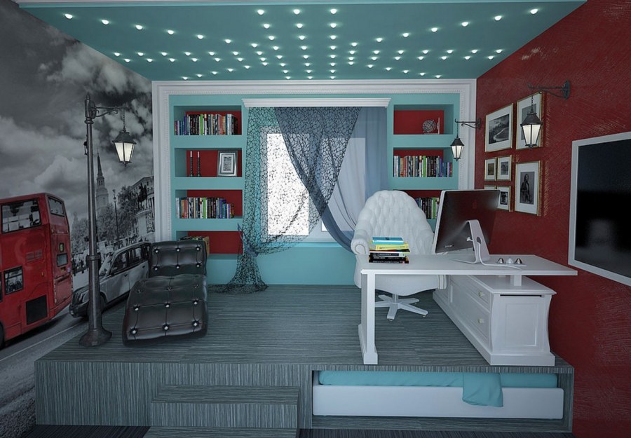 Узкая темная детская в морском стиле