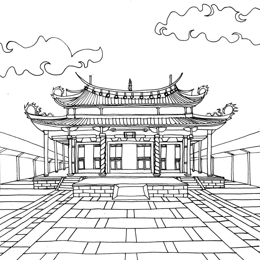Японский храм раскраска