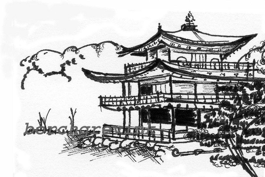 Храм Хигаси Хонгандзи Япония рисунок карандашом