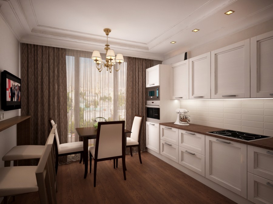 Интерьер кухни с коричневым полом