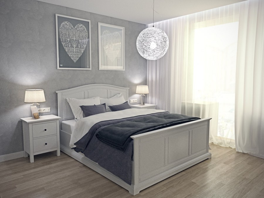 Спальня в сером цвете с белой мебелью