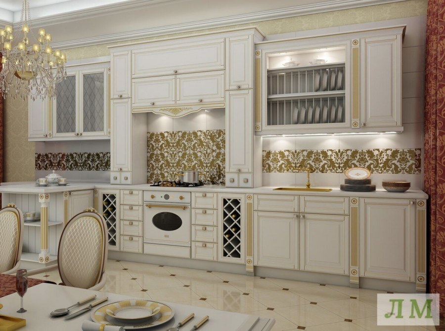 Кухня классика с золотой белая золотой патиной
