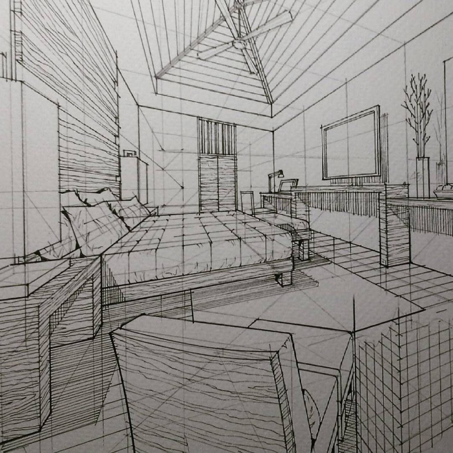 Угловая перспектива интерьера скетч