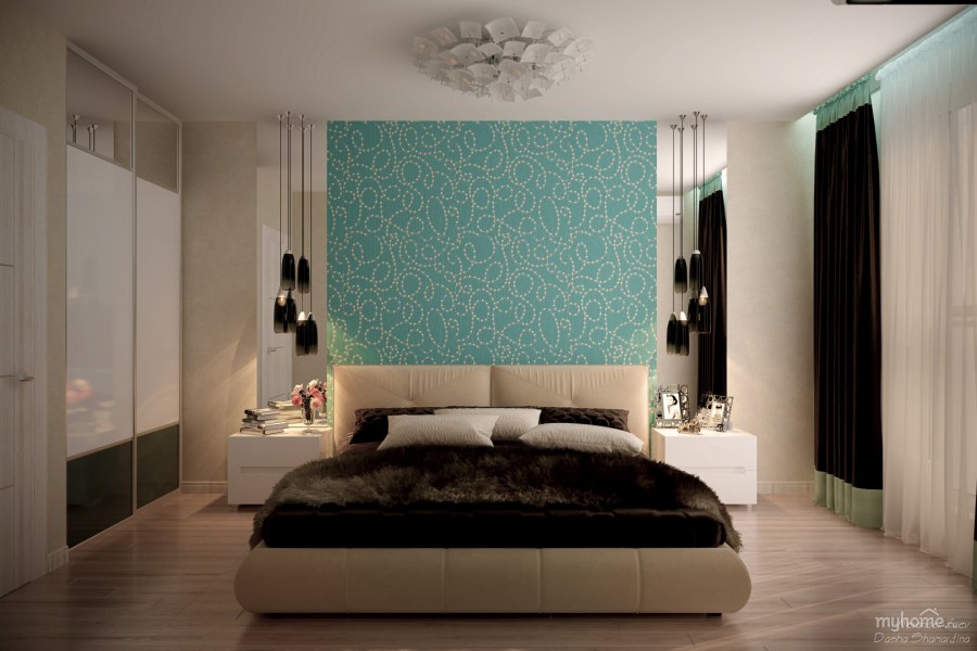Обои в изголовье кровати в спальне