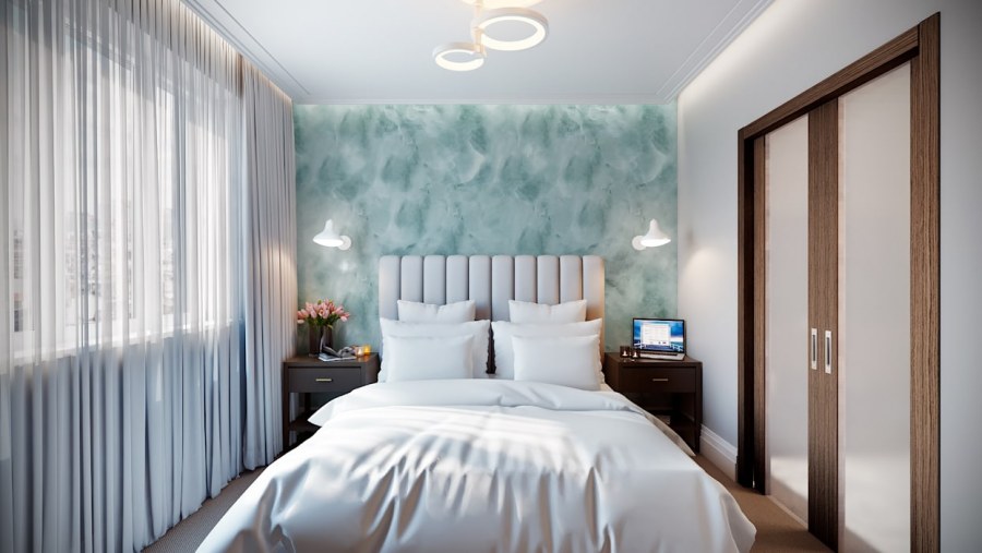 Фотообои в узкой спальне