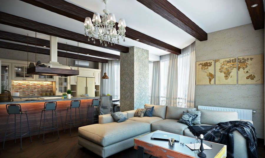 Гостиная с балками на потолке