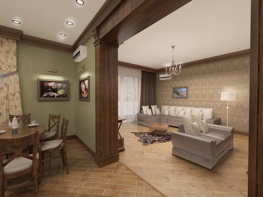 Кухня гостиная потолок под дерево