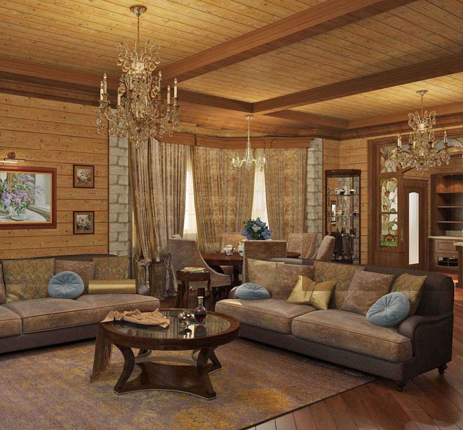 Гостиная в деревянном доме в русском стиле