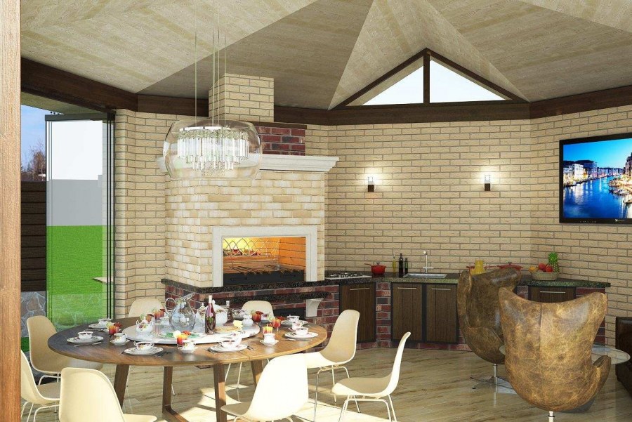 Внутренняя отделка беседки с барбекю