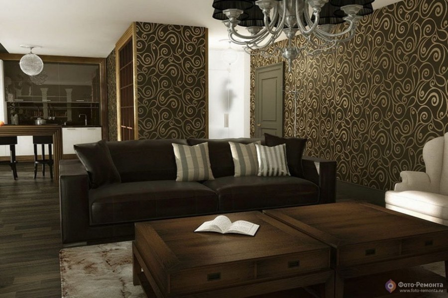 Гостиная с коричневыми обоями