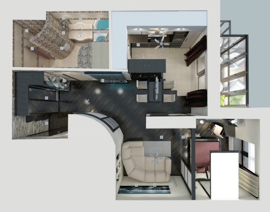 Интерьер студии с отдельной кухней