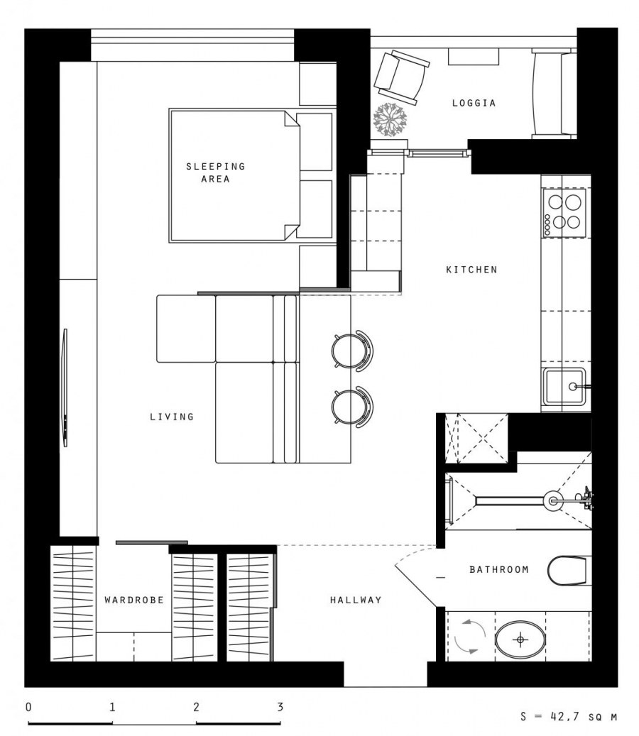 Планировка студии 38м