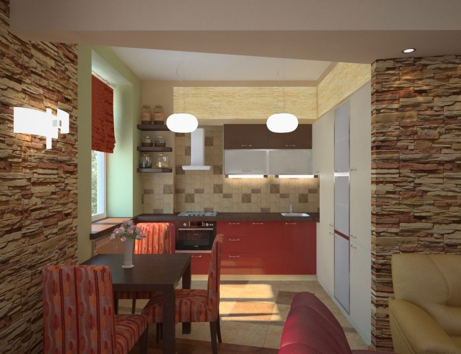 Камень в интерьере гостиной кухни