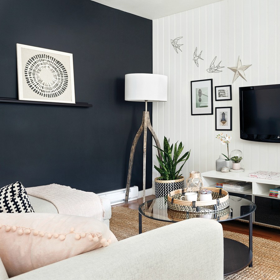 Скандинавский стиль в гостиной с телевизором