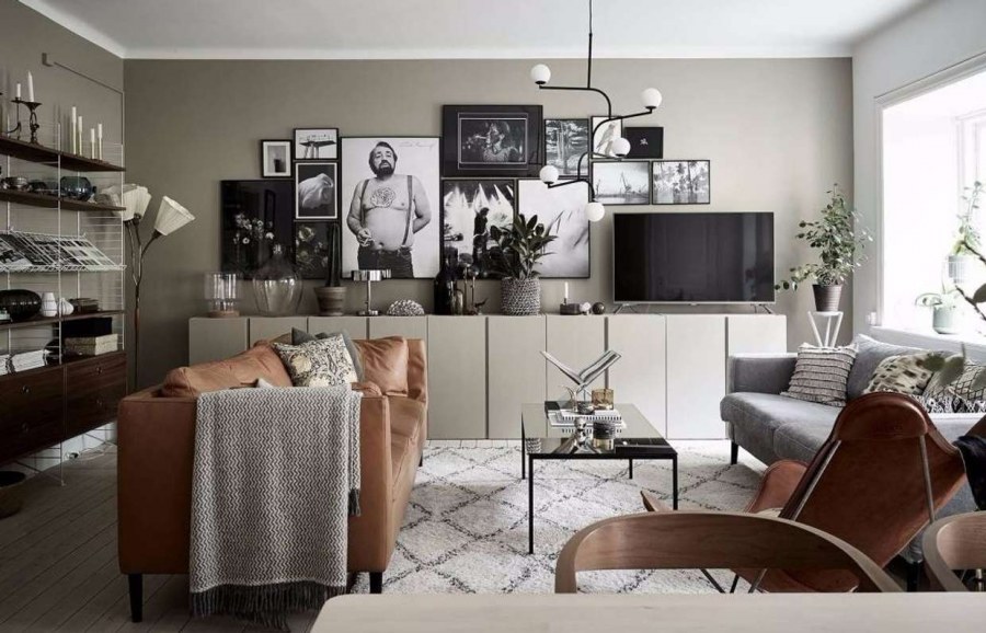 Стена с телевизором в скандинавском стиле