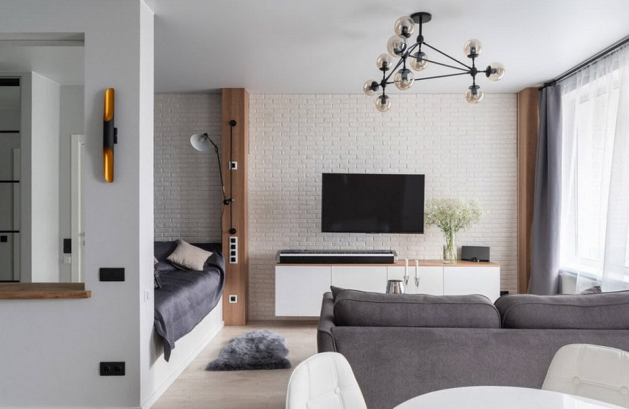 Стена с телевизором в скандинавском стиле