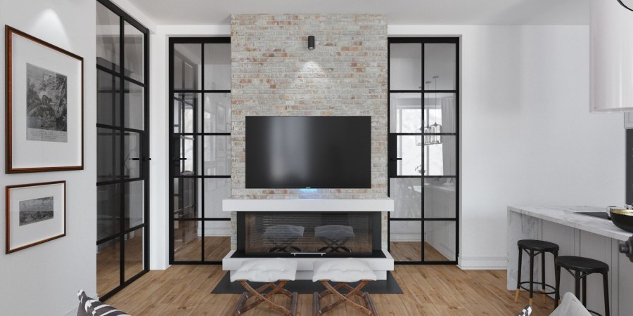 Зона с телевизором в гостиной в скандинавском стиле