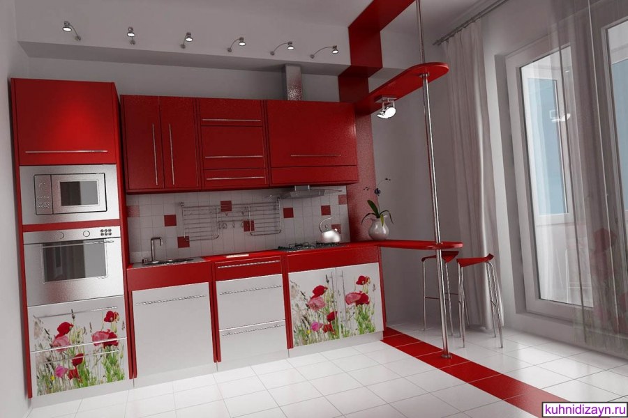 Серебристо красный гарнитур на кухне